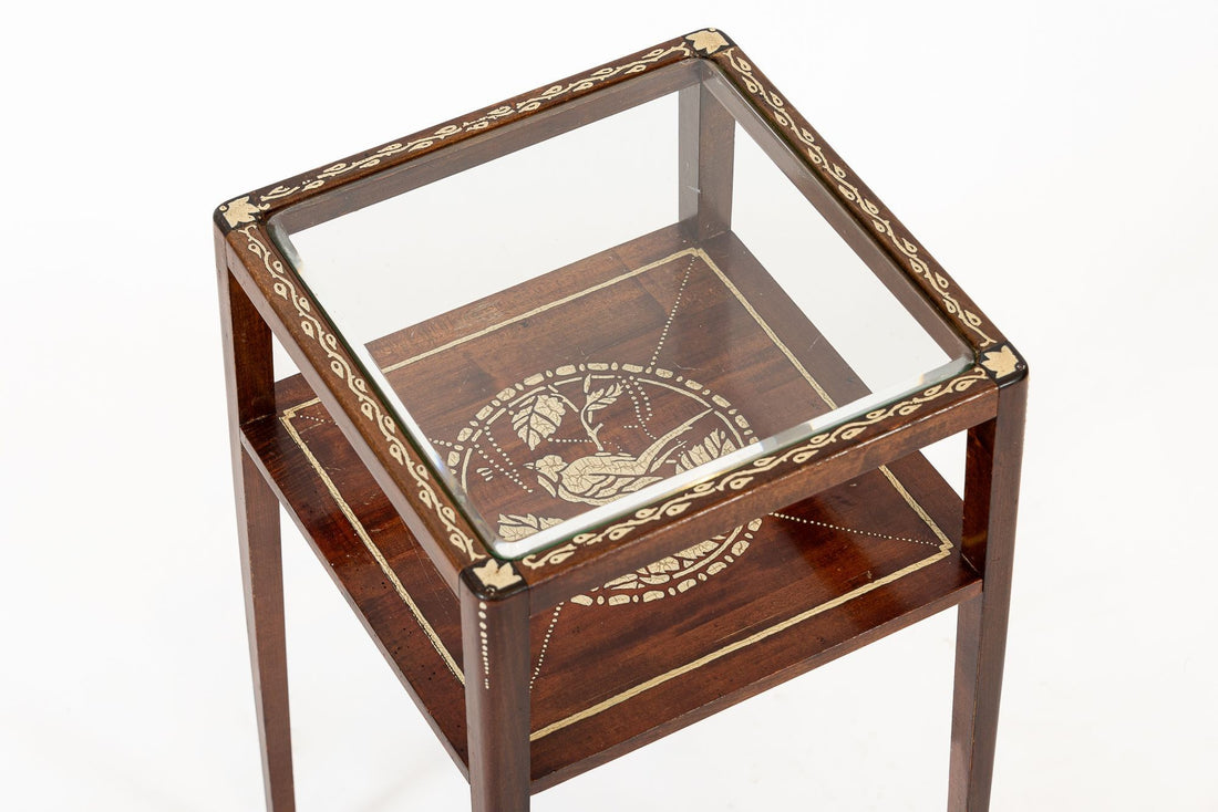 Antique French Art Nouveau Small Handpainted Mahogany Wood & Glass Side Table