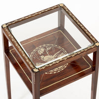 Antique French Art Nouveau Small Handpainted Mahogany Wood & Glass Side Table