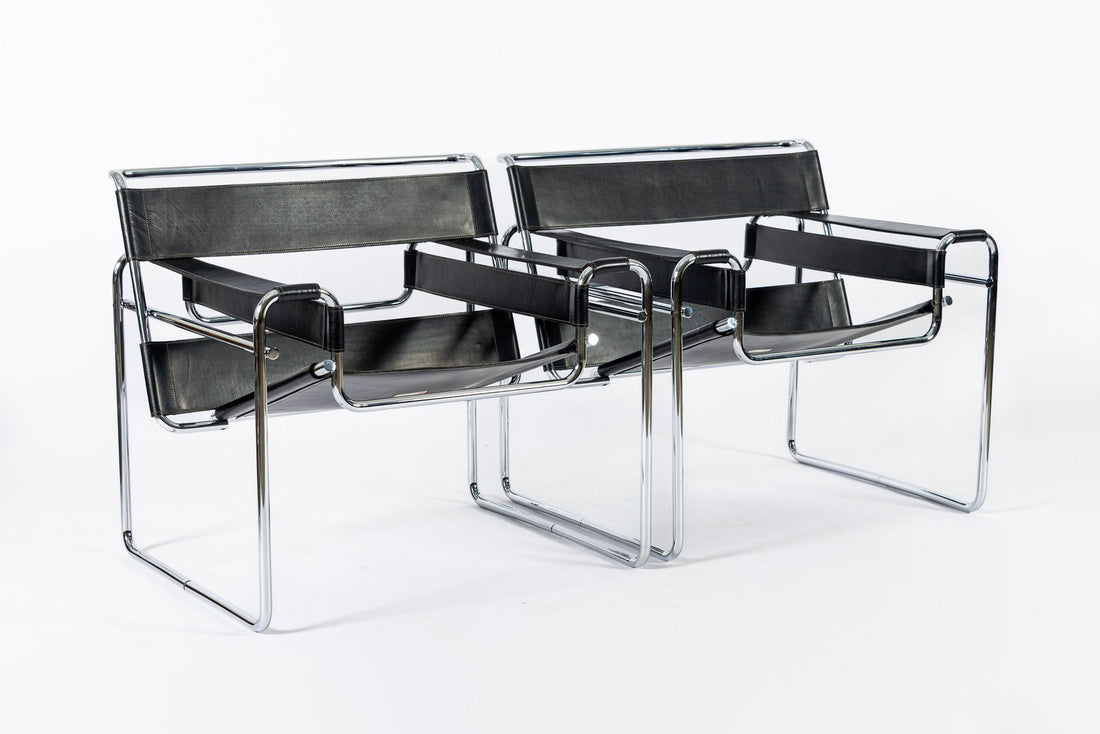 Mid Century Black Leather Wassily Arm Chairs by Marcel Breuer for Knoll, 1960s