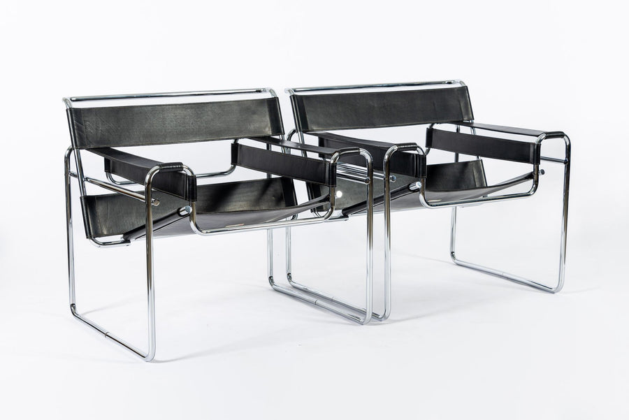 Mid Century Black Leather Wassily Arm Chairs by Marcel Breuer for Knoll, 1960s