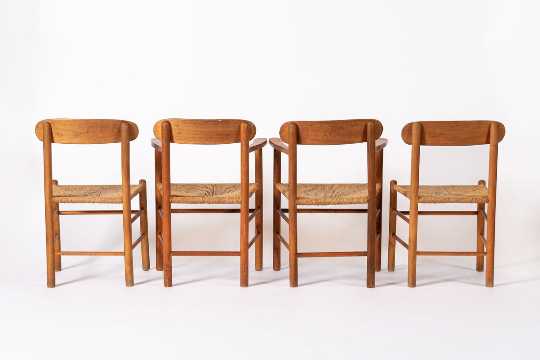 Mid Century Danish Wood & Rush Wicker Dining Chairs