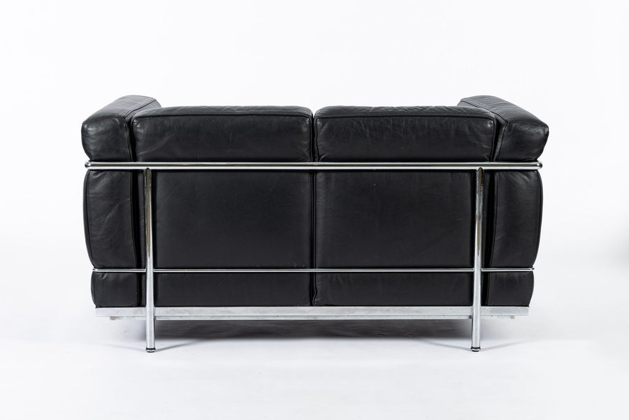 Authentic Cassina LC2 Black Leather Two-Seat Sofa by Le Corbusier 1994