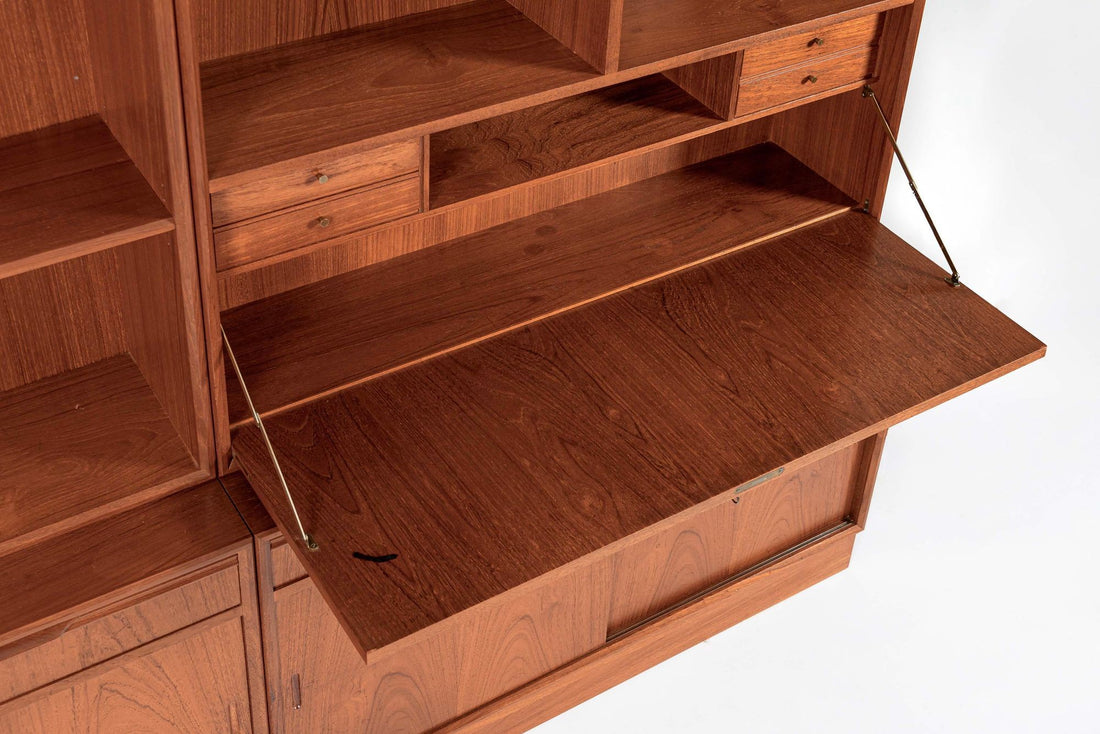 Mid-Century Danish Teak Wood Bookshelves with Dropdown Desk by Bjerringbro Møbler