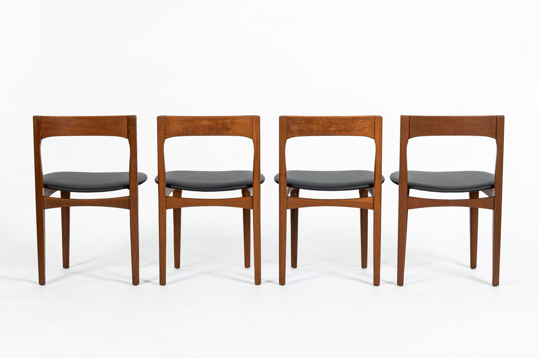 Mid Century Danish Teak Wood & Black Vinyl Dining Chairs, Set of 4