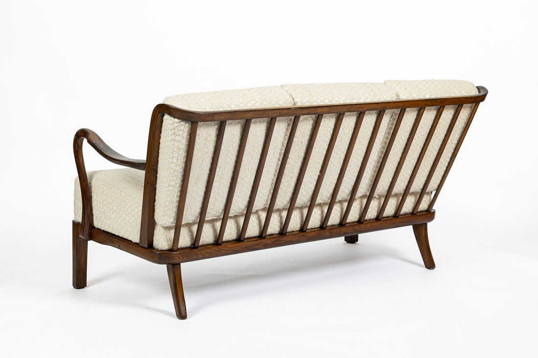 Danish Modern Solid Walnut Spindle Back Sofa in Schumacher Fabric, Circa 1960