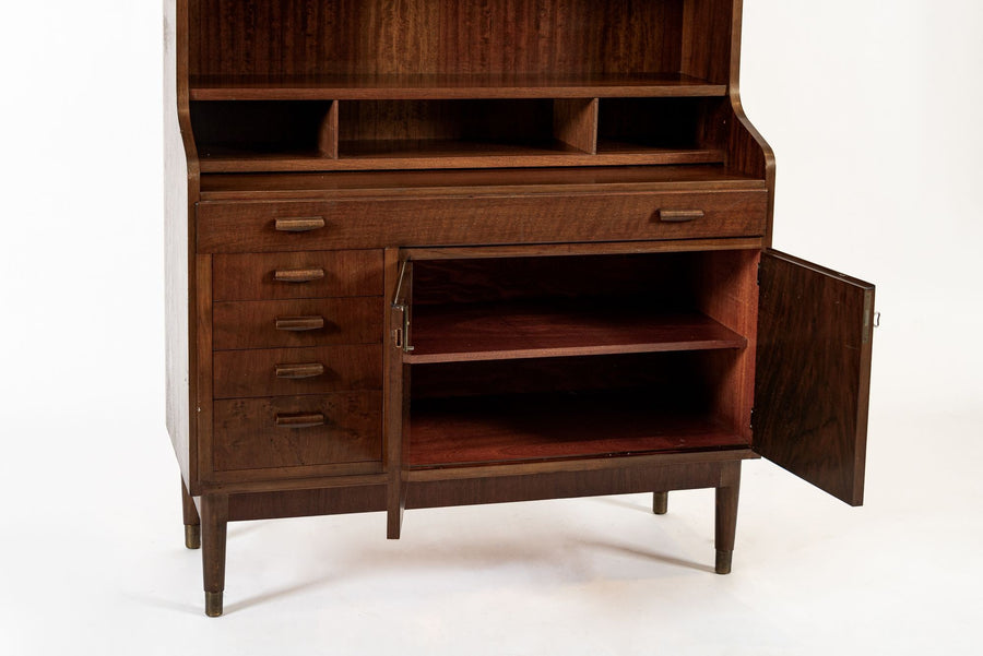 Mid Century Danish Walnut Wood Pull-Out Secretary Desk & Bookcase