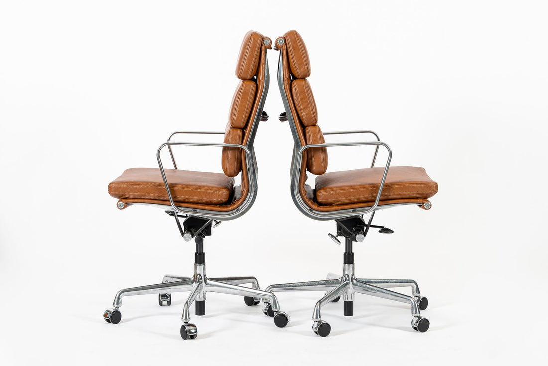 Pair Herman Miller Eames Tall Brown Leather Desk Chair Soft Pad