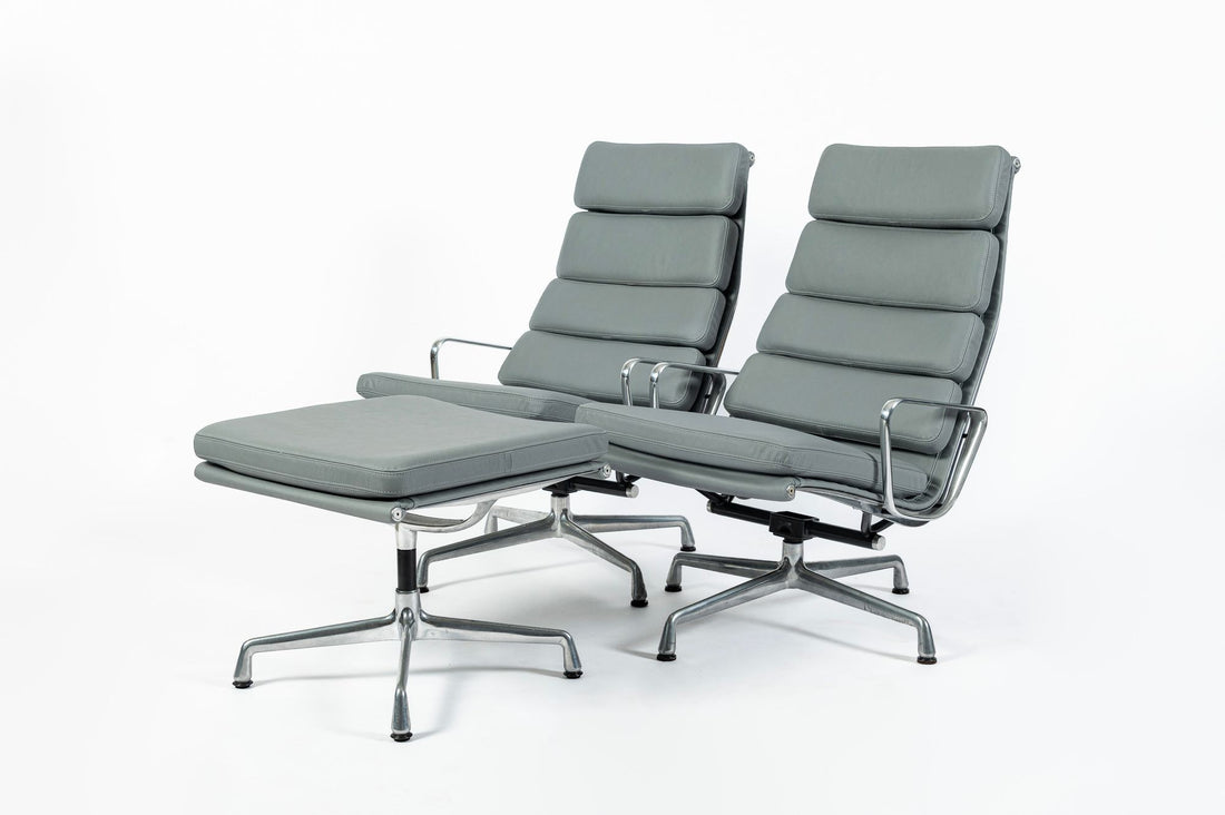 Pair Eames Soft Pad Recliners with Ottoman for Herman Miller, Gray Leather Aluminum Group