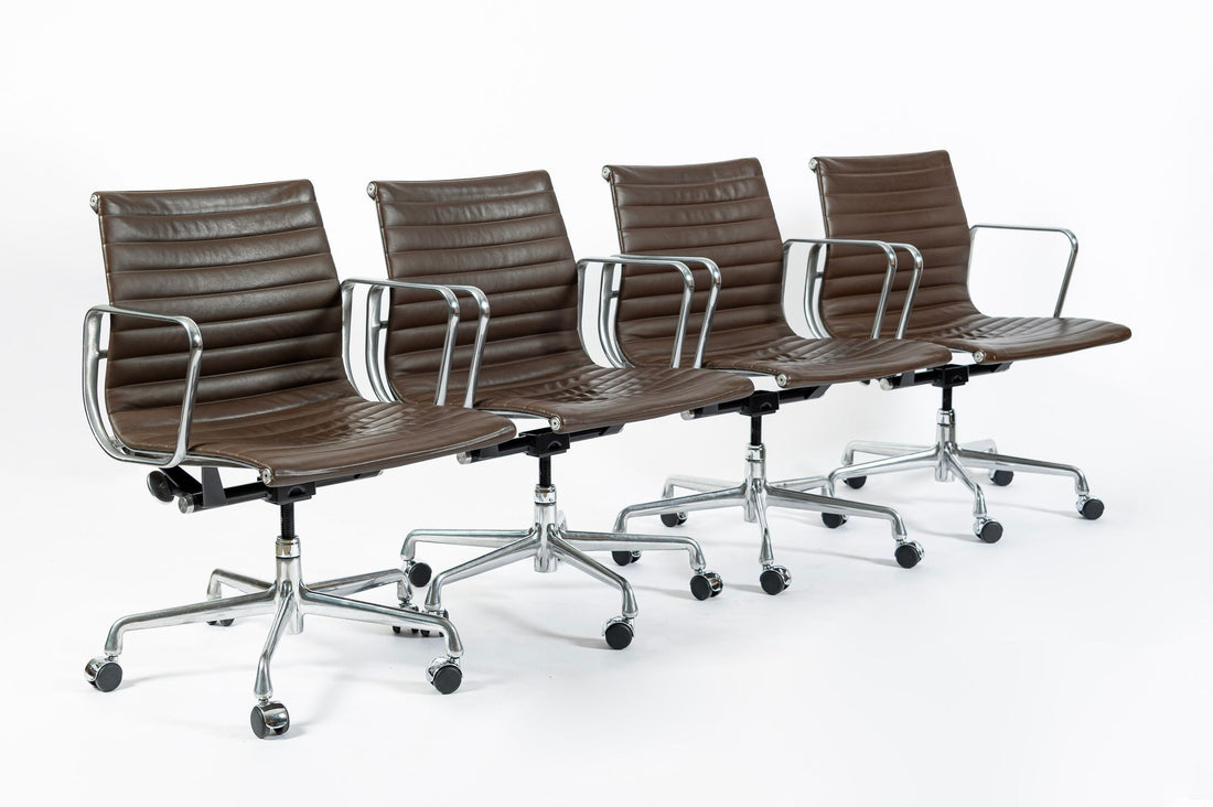 Set of 4 Eames Thin Pad Office Chairs for Herman Miller, Brown Leather Aluminum Group