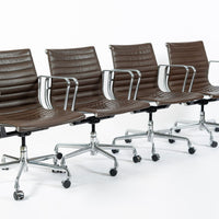 Set of 4 Eames Thin Pad Office Chairs for Herman Miller, Brown Leather Aluminum Group