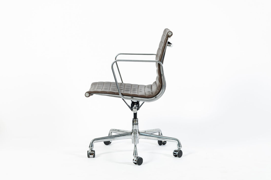 Eames Herman Miller Brown Leather Aluminum Group Thin Pad Desk Chair, 2008