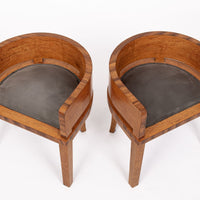 1930s Antique French Art Deco Wood & Gray Suede Demilune Side Chairs