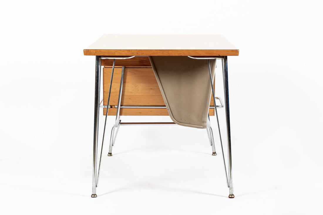 Kem Weber Trimline Desk for Heywood Wakefield, Mid Century Modern Birch and Chrome Office Desk, 1950s