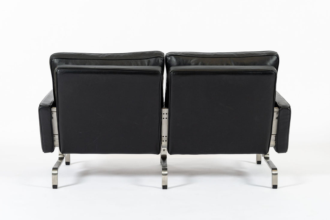 Vintage Postmodern Black Leather & Brushed Steel Loveseat Sofa, 1980s