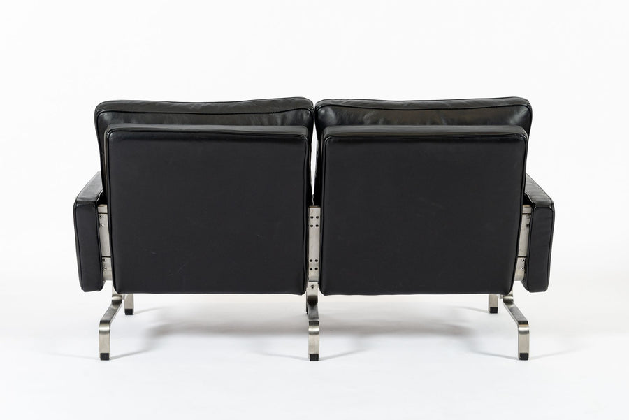 Vintage Postmodern Black Leather & Brushed Steel Loveseat Sofa, 1980s