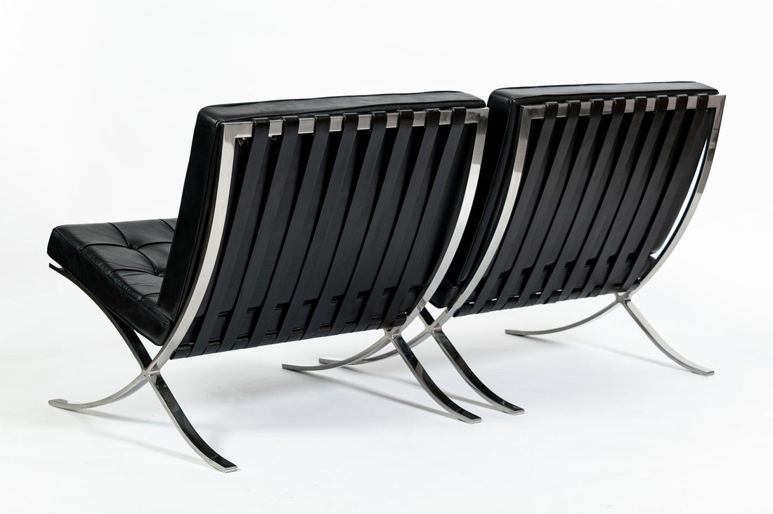 Pair Mid Century Black Leather Barcelona Chairs by Mies van der Rohe for Knoll, 1977