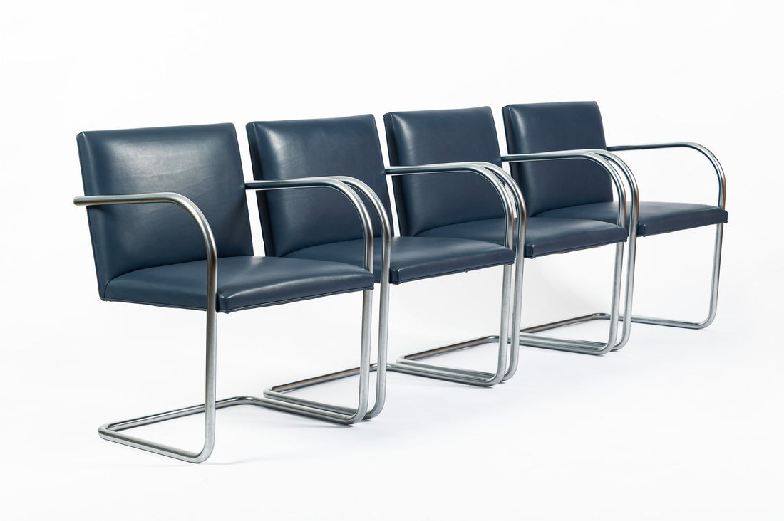 Mid Century Modern Blue Leather Brno Arm Chairs by Mies van der Rohe for Knoll, Set of 4