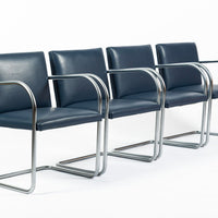 Mid Century Modern Blue Leather Brno Arm Chairs by Mies van der Rohe for Knoll, Set of 4
