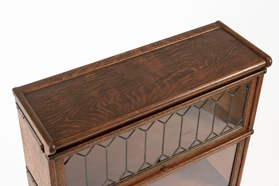 Antique Three Shelf Wood Barrister Bookcase Cabinet with Leaded Glass