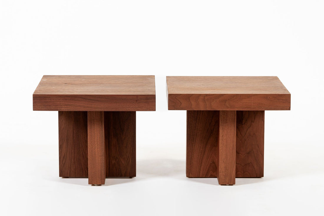 Mid Century Walnut Wood Side Tables Milo Baughman Style 1970s
