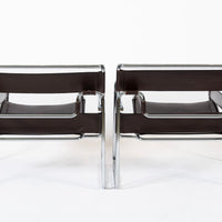 Mid Century Dark Brown Leather Wassily Arm Chairs by Marcel Breuer for Knoll, Signed, 1960s