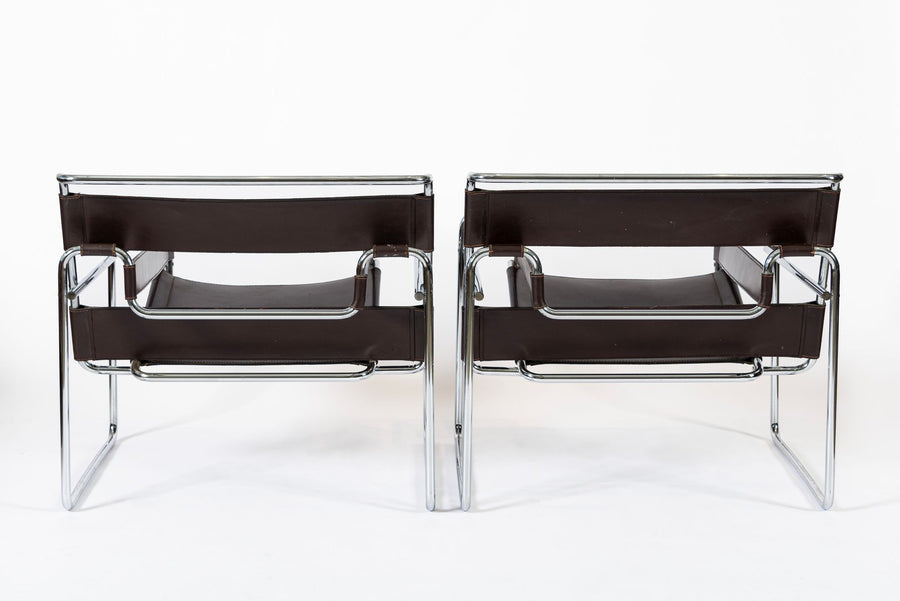 Mid Century Dark Brown Leather Wassily Arm Chairs by Marcel Breuer for Knoll, Signed, 1960s