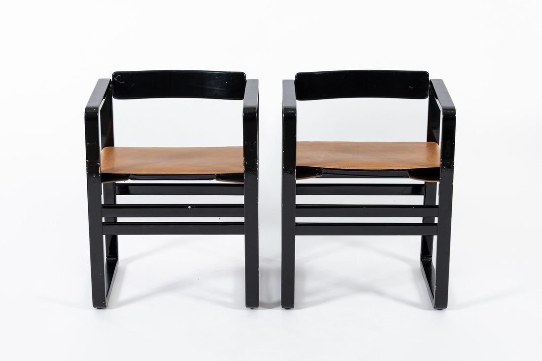 Mid Century Modern Black Lacquer and Brown Leather Arm Chairs 1970s