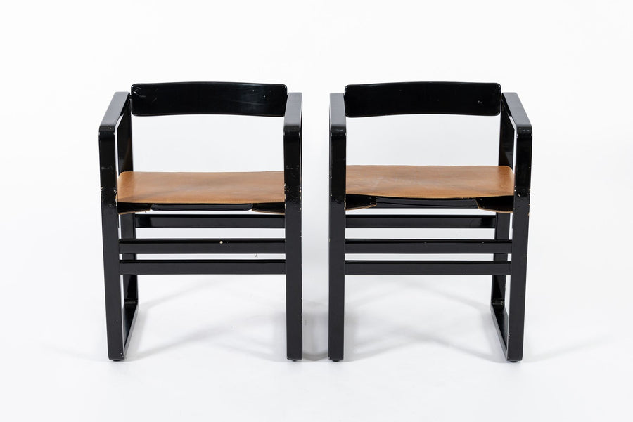 Mid Century Modern Black Lacquer and Brown Leather Arm Chairs 1970s