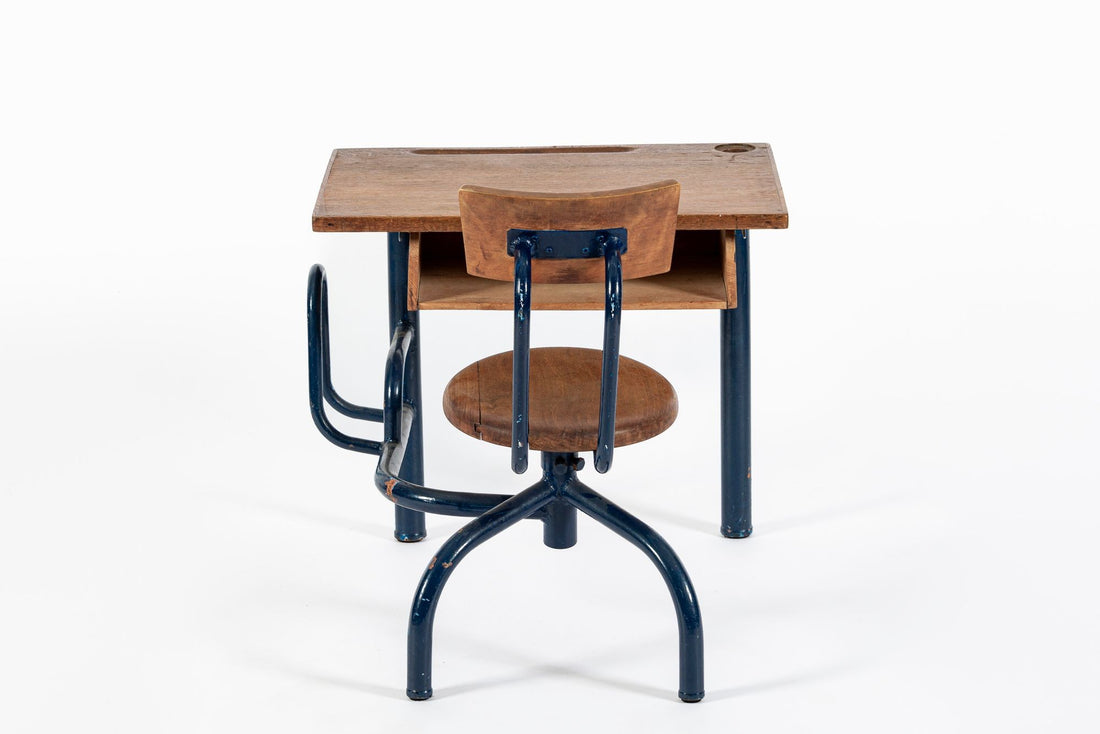 Vintage Antique Wood & Metal Child’s School Desk and Chair in the Style of Jean Prouvé