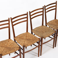 Vintage Rustic Modern Wood and Rush Wicker Dining Chairs, Set of 4