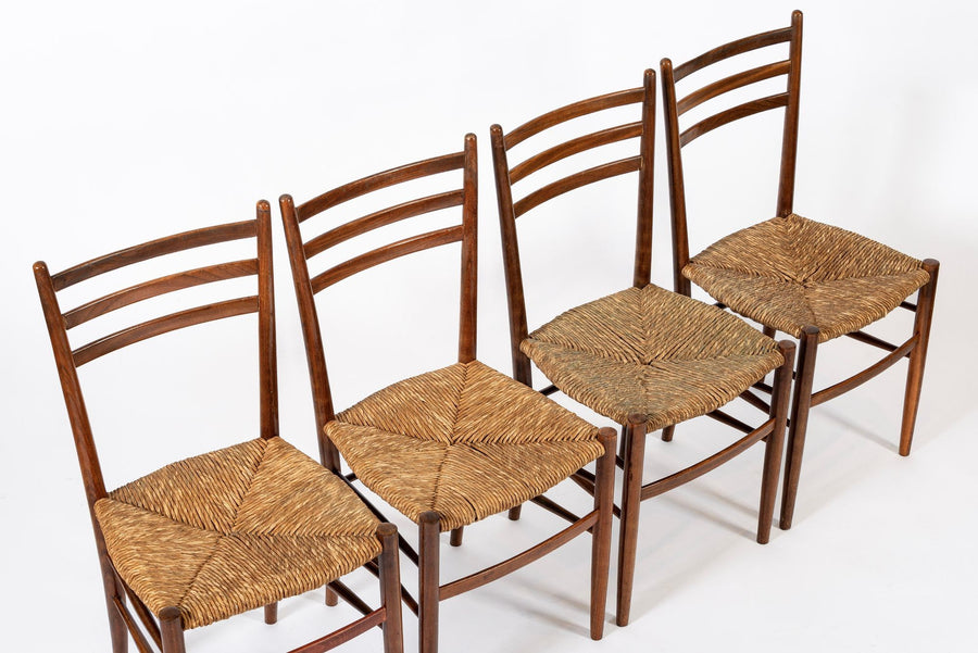 Vintage Rustic Modern Wood and Rush Wicker Dining Chairs, Set of 4