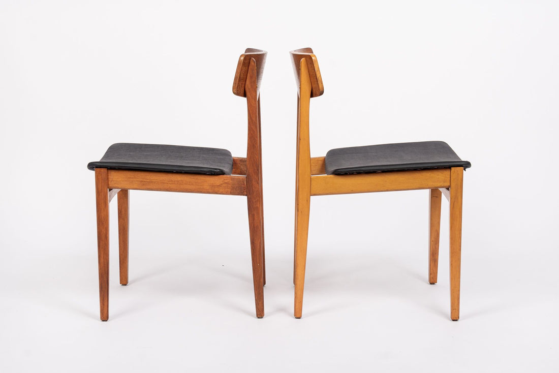 Mid Century Danish Teak Wood & Black Vinyl Dining Chairs
