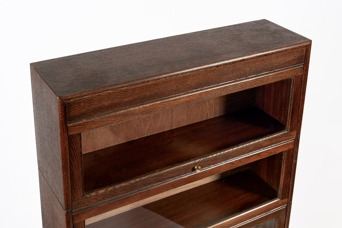 Antique English Tall Stepback Oak Wood Barrister Bookcase Cabinet
