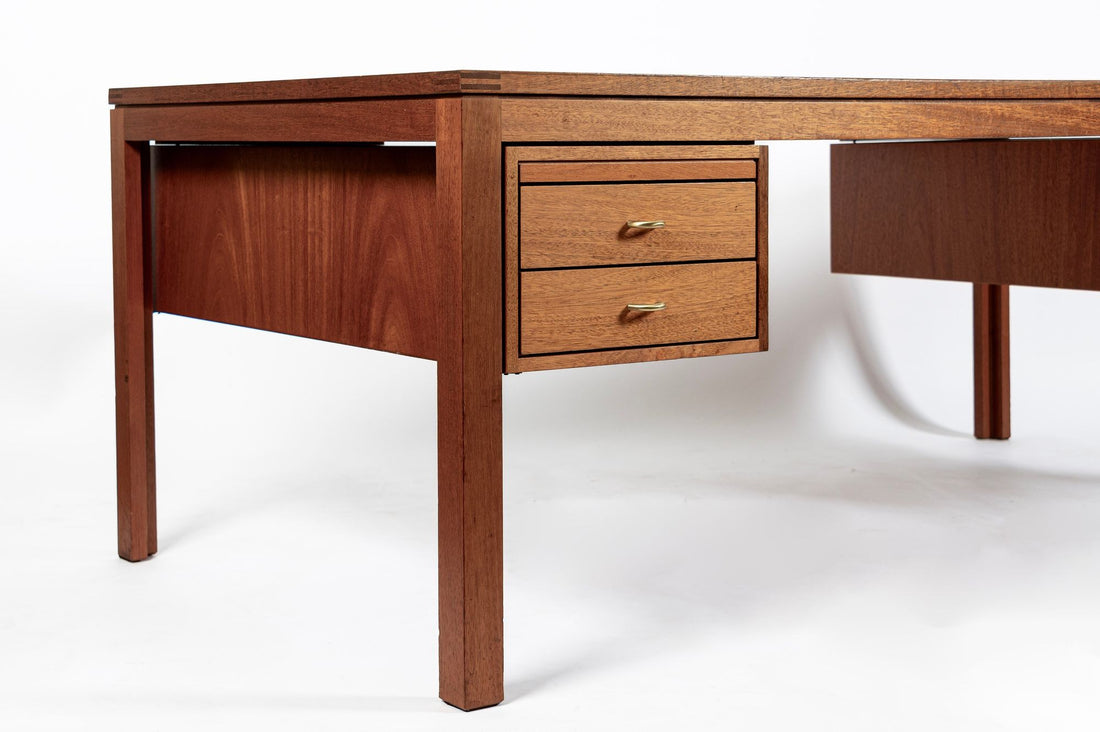 Large Mid Century Danish Modern Mahogany Wood Executive Desk, 2 Matching Avail