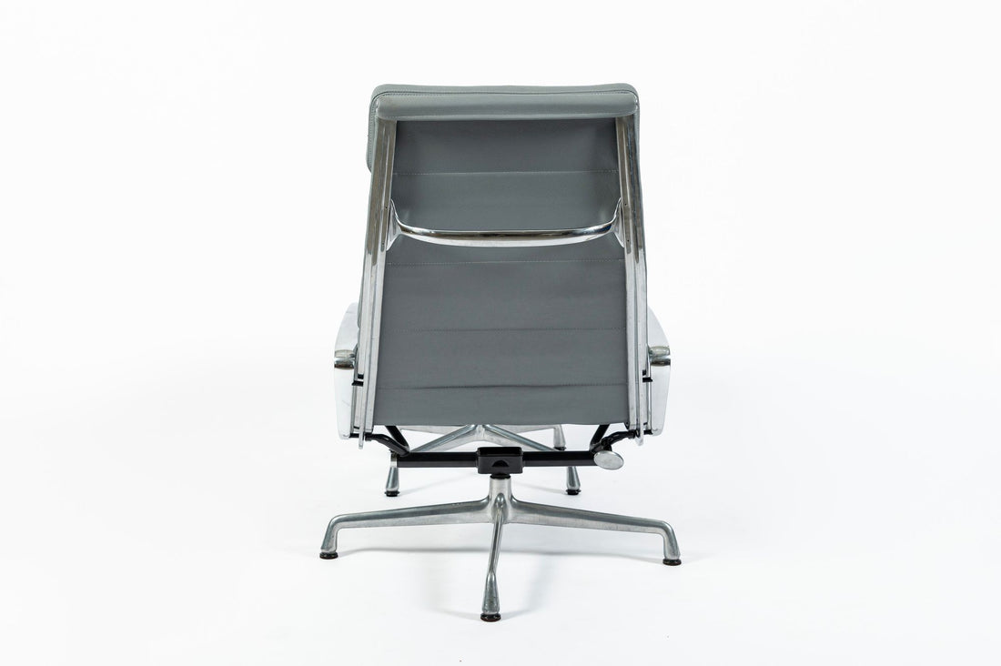 Eames Soft Pad Recliner with Ottoman for Herman Miller, Gray Leather Aluminum Group