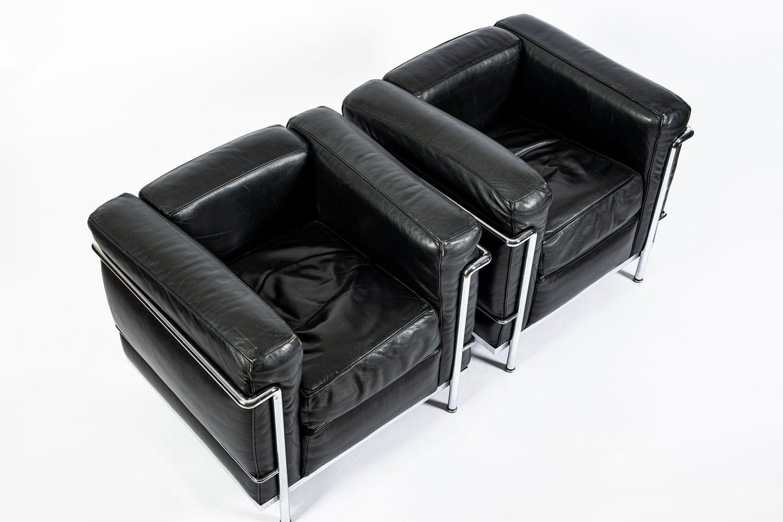 Pair of Cassina LC2 Black Leather Petit Lounge Chairs by Le Corbusier