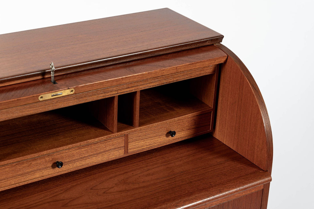 Scandinavian Teak Wood Rolltop Secretary Desk by Egon Ostergaard, Made in Sweden