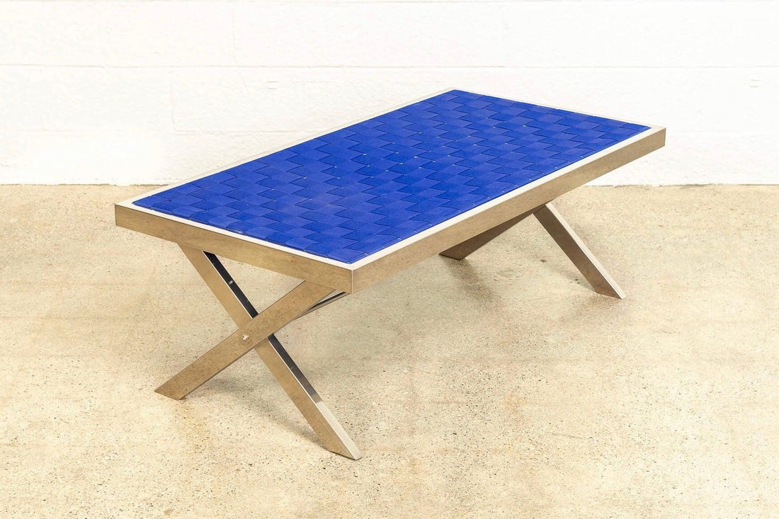 Mid Century Modern Chrome and Blue Strap Bench Milo Baughman Style