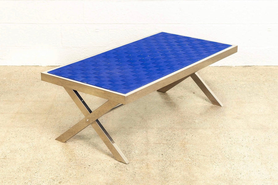 Mid Century Modern Chrome and Blue Strap Bench Milo Baughman Style