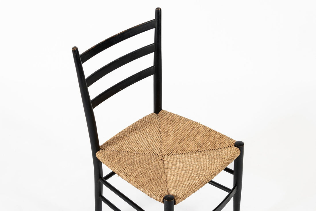 Vintage Mid Century Black Wood and Rush Wicker Dining Chairs