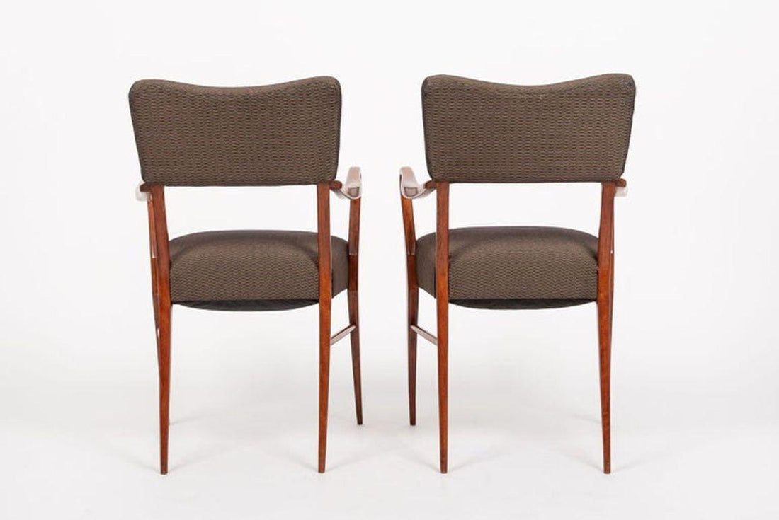 Pair of Mid Century Modern Wood & Brown Upholstered Arm Chairs, 1950s