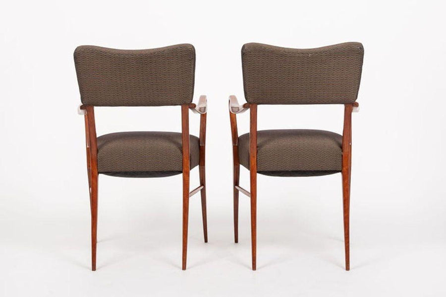 Pair of Mid Century Modern Wood & Brown Upholstered Arm Chairs, 1950s