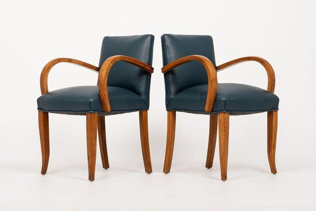 Antique Art Deco Maple Bentwood and Blue Leather Dining Chairs 1930s