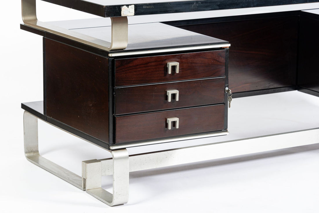 Postmodern Italian Rosewood and Metal Writing Desk by Abbondinterni, 1970s