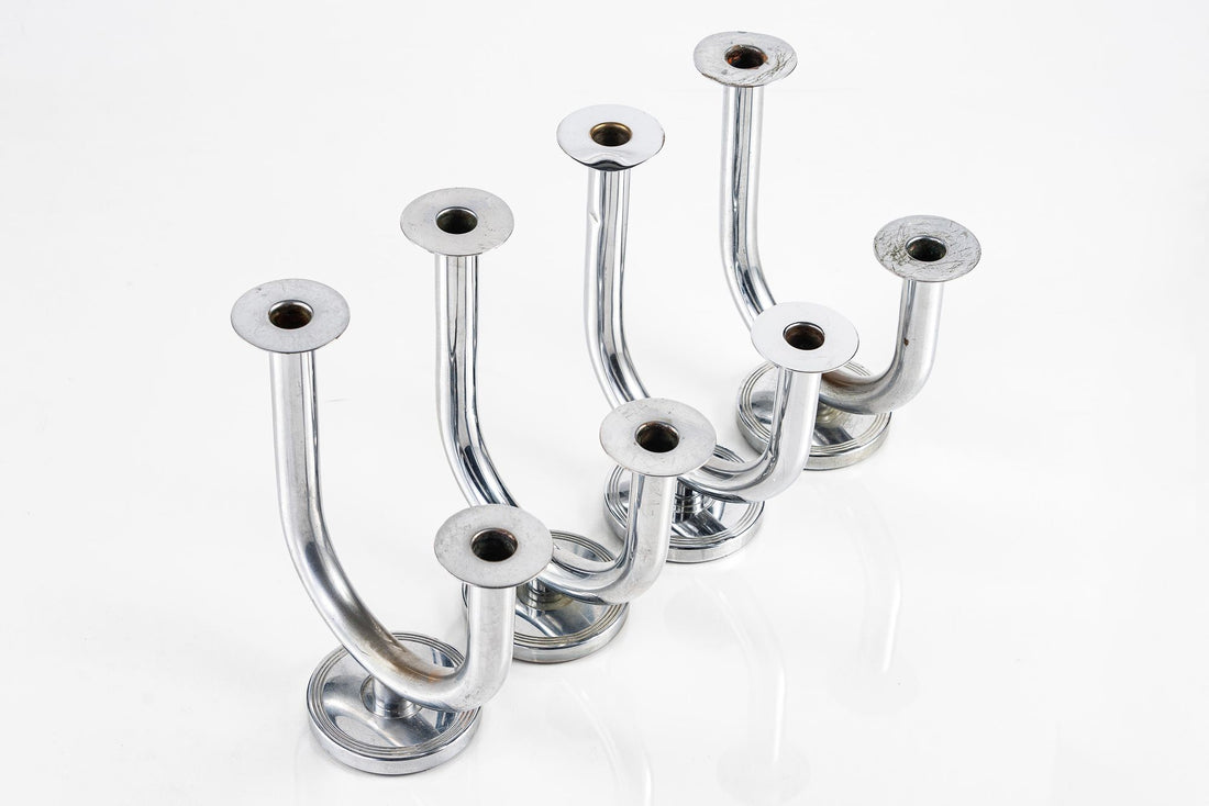 Antique Art Deco Taurex Chrome Candlestick Holders by Walter Von Nessen for Chase