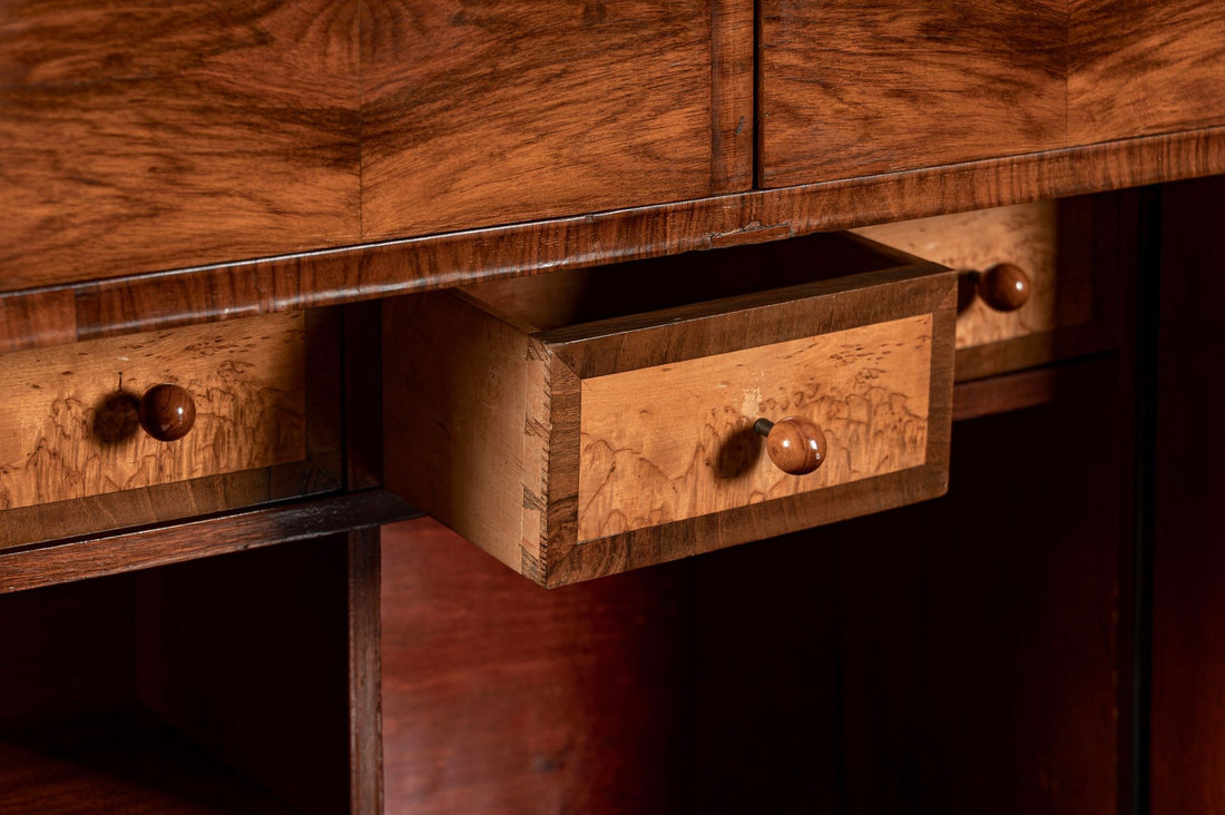 Antique Art Deco Burl Wood China Cabinet or Bar Cabinet with Drop-down Tabletop 1930s