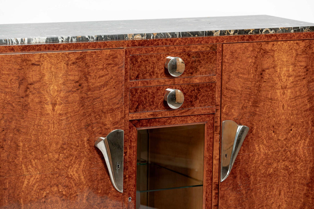 French Art Deco Amboyna Burl Sideboard or Bar Cabinet with Marble Top, Circa 1930