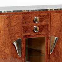 French Art Deco Amboyna Burl Sideboard or Bar Cabinet with Marble Top, Circa 1930