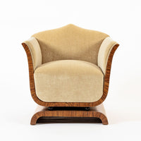 1930s Antique French Art Deco Mohair & Burl Wood Lounge Chairs