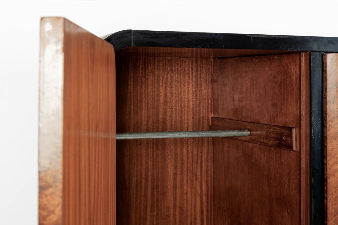 Antique Art Deco Maple Wood Mirrored Armoire Cabinet 1930s